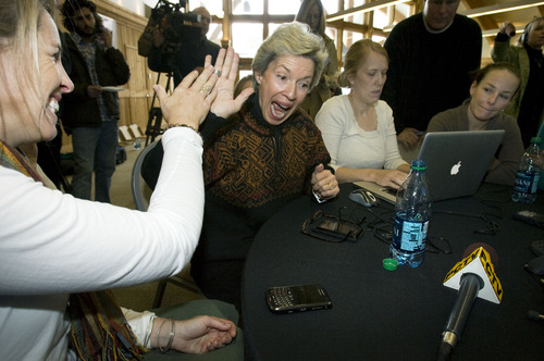 Steve Griffin  |  The Salt Lake Tribune

Deedee Corradini, center, president of Women's Ski Jumping USA, reacts with joy and "high fives" Jenny Holden, executive director of Women's Ski Jumping USA, as they and other ski jumping team members listen to an IOC conference call from Acapulco telling them that the IOC is "looking favorably" at making women's ski jumping a medal sport in the 2014 Olympic Games in Sochi Russiain.  The team gathered at the Utah Olympic Park Monday, October 25, 2010. Current world champion Lindsay Van is at right.