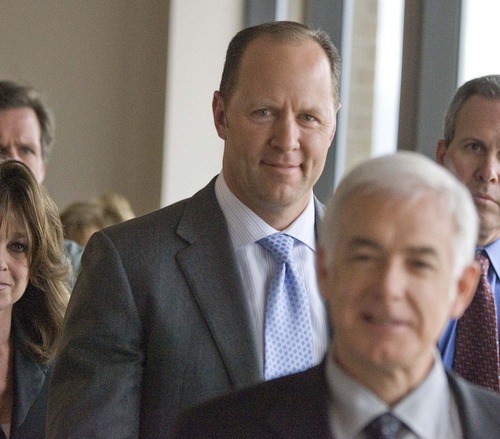 Paul Fraughton | The Salt Lake Tribune
Former  Utah State Majority Leader, Sheldon Killpack, leaves the county complex with his lawyer Ed Brass  after appearing in the justice courtroom of  Judge Shauna Graves-Robertson on Monday, April 12, 2010.