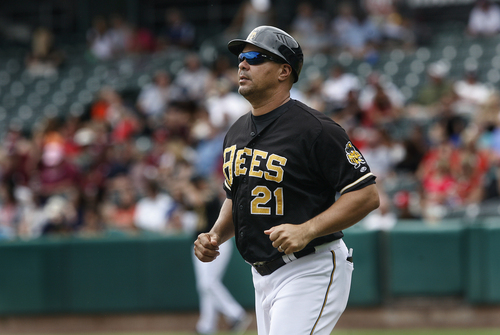 Scott Sommerdorf   |  The Salt Lake Tribune
Bees manager Keith Johnson trots out to coach third base during the Salt Lake Bees 10-7 loss to the Reno Aces, Sunday, September 1, 2013.