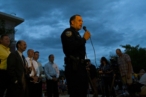 Chris Detrick  |  The Salt Lake Tribune
Draper Police Chief Bryan Roberts speaks during a candlelight vigil for Sgt. Derek Johnson at Draper City Hall Sunday September 1, 2013. "This is a very tragic day for the Draper city police department," said Draper Police Chief Bryan Roberts.