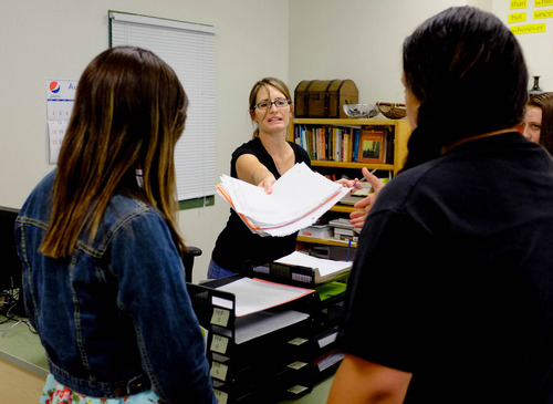 Trent Nelson  |  The Salt Lake Tribune
Teacher Allison Mower works with students at Polaris High School Friday, August 30, 2013 in Orem.