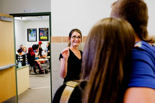 Trent Nelson  |  The Salt Lake Tribune
Teacher Allison Mower works with students at Polaris High School Friday, August 30, 2013 in Orem.