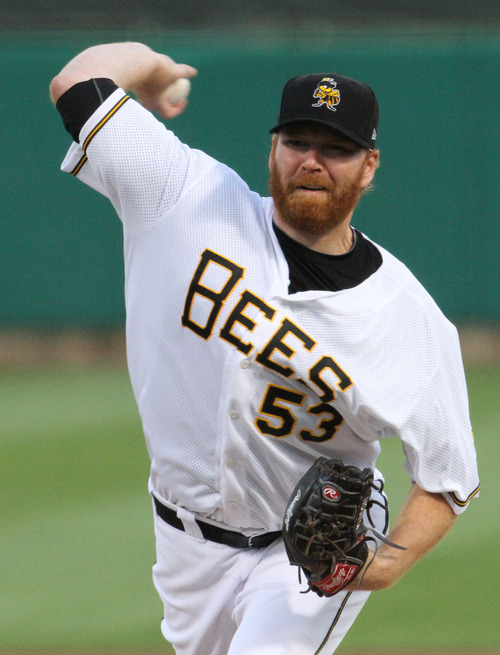 Rick Egan  | The Salt Lake Tribune 

Daryl Thompson throws for the Bees, in playoff action Salt Lake Bees vs. The Las Vegas 51's at the Springmobile Ball Park, Wednesday, September 4, 2013.