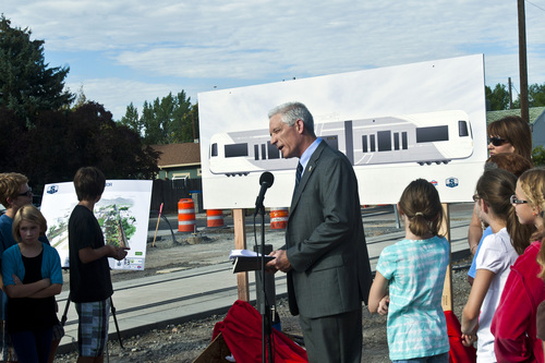Chris Detrick  |  The Salt Lake Tribune
Surrounded by fifth and sixth-graders from Hawthorne Elementary, UTA Chief Capital Development Officer Steve Meyer speaks at the Sugar House streetcar S Line Corridor near 800 East and 2200 South Thursday September 5, 2013. The streetcar is scheduled to be running for the public on December 8.