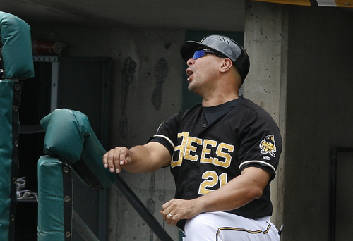 Scott Sommerdorf   |  The Salt Lake Tribune
Bees manager Keith Johnson reacts to a bad play by one of his infielders during the Salt Lake Bees 10-7 loss to the Reno Aces, Sunday, September 1, 2013.