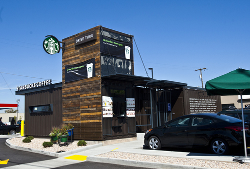 Chris Detrick  |  The Salt Lake Tribune
This new Starbucks drive-through at 3300 S. West Temple in South Salt Lake is made from recycled shipping containers.