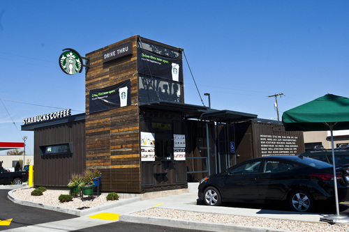 Chris Detrick  |  The Salt Lake Tribune
Starbucks drive-through made from recycled shipping containers at 3300 South West Temple in Salt Lake City Wednesday September 4, 2013.