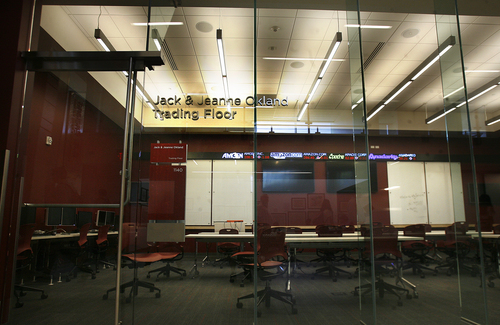 Scott Sommerdorf   |  The Salt Lake Tribune
The Jack and Jeanne Okland Trading Floor inside the new Spencer Fox Eccles Business Building at the University of Utah comes equipped with a stock ticker along the wall, Thursday, September 5, 2013.