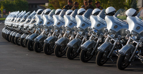 Trent Nelson  |  The Salt Lake Tribune
Police motorcycles lined up at the Maverik Center in West Valley City Thursday, September 5, 2013 for the viewing for Sgt. Derek Johnson, the Draper police officer who was shot to death on Sunday morning.