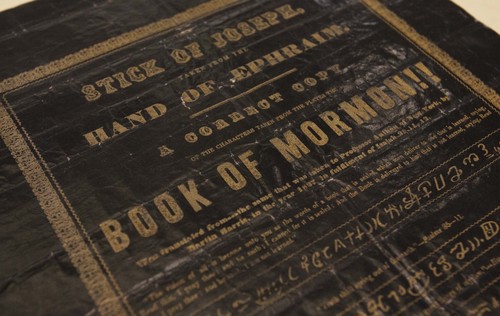 Leah Hogsten | The Salt Lake Tribune
An 1844 advertising poster for the Book of Mormon is shown during a press conference to announce the inaugural release of the LDS Church's Documents Series, Volume 1: July 1828-June 1831 at the LDS Church History Library, September 4, 2013.  The book is part of the multi-volume  Joseph Smith Papers Project.  Historic documents in this series include Joseph Smith's revelations, reports of his discourses and personal letters both sent and received. Also in the collection are articles Joseph Smith wrote for newspapers, minutes of his meetings, and Church administrative records.