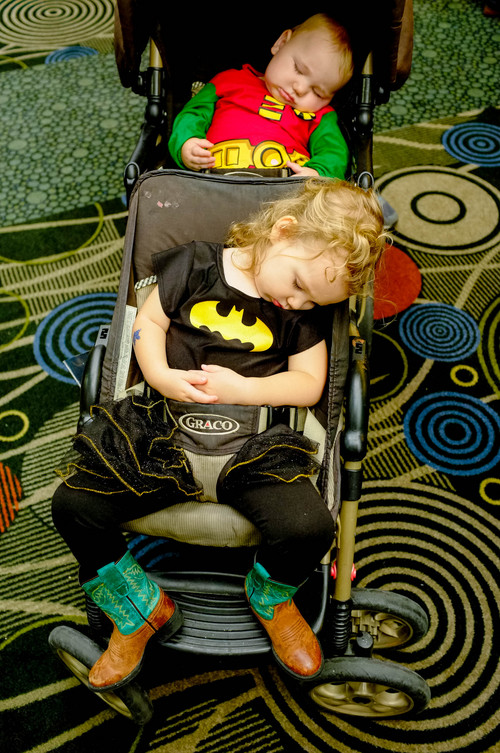 Trent Nelson  |  The Salt Lake Tribune
Lanaya and Liam Parson, Batman and Robin, crashed out in their stroller after a day at Salt Lake Comic Con in Salt Lake City Saturday, September 7, 2013.