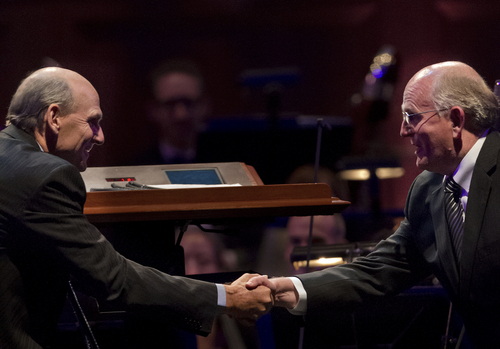 Michael Mangum  |  Special to the Tribune

James Taylor shakes hands with conductor Mack Wilberg at the O.C. Tanner Gift of Music Gala Concert featuring the Utah Symphony and the Mormon Tabernacle Choir at the LDS Conference Center on Friday, September 6, 2013.