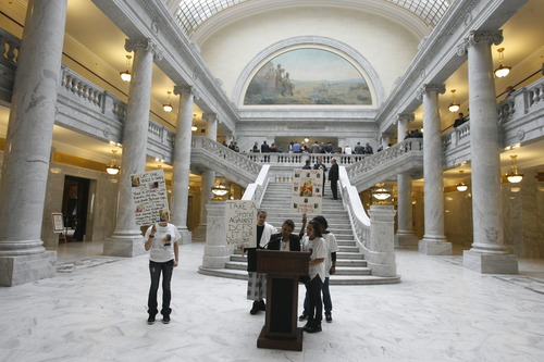 Rick Egan  | The Salt Lake Tribune 

Tonita Espinoza speaks in an empty capitol rotunda, at a rally at the Utah State Capitol, Wednesday, March 6, 2013.  Espinoza's grandson (Ashley Quintana's son) was taken away by DCFS and adopted out.