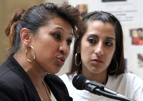 Rick Egan  | The Salt Lake Tribune 

Tonita Espinoza, left, speaks at a rally at the Utah State Capitol, with her daughter, Ashley Quintana at her side, at the Wednesday, March 6, 2013.  Espinoza's grandson (Ashley Quintana's son) was taken away by DCFS and adopted out.