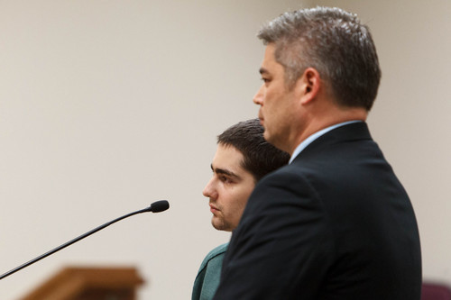 Trent Nelson  |  The Salt Lake Tribune
Joshua Petersen pleads guilty to shooting his baby to Judge Darold McDade Tuesday, September 10, 2013 in 4th District Court in Provo. At right is attorney Dusty Kawai.