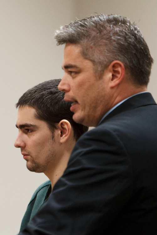 Trent Nelson  |  The Salt Lake Tribune
Joshua Petersen, pleads guilty to shooting his baby to Judge Darold McDade Tuesday, September 10, 2013 in 4th District Court in Provo. At right is attorney Dusty Kawai.
