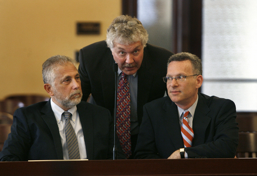 Scott Sommerdorf   |  The Salt Lake Tribune
Lead investigator Jim Mintz, left, Legislative General Counsel John L. Fellows, and Special Counsel Steven F. Reich, right, speak prior to the start of the second meeting of the House Special Investigative Committee looking into allegations of misconduct by Atty. Gen. John Swallow. It was the first public appearance of the special counsel Steven Reich and lead investigator James Mintz, Wednesday, September 11, 2013.