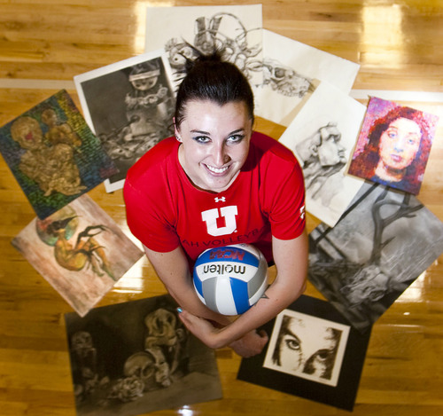 Steve Griffin | The Salt Lake Tribune

University of Utah volleyball player Bailey Bateman with some of her art work on campus in Salt Lake City, Utah Tuesday Sept. 10, 2013.