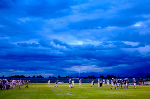 Trent Nelson  |  The Salt Lake Tribune
Cloudy skies as Syracuse hosts Davis High School football Thursday, September 12, 2013 in Syracuse.