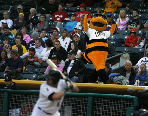 Scott Sommerdorf   |  The Salt Lake Tribune
"Bumble" the Bees mascot tries to get the crowd energized as the Bees' offense was sluggish in the early innings. The Bees are trailing 4-2 in game 4 of the PCL Championship Series against the Omaha Storm Chasers, in the sixth inning, Saturday, September 14, 2013.