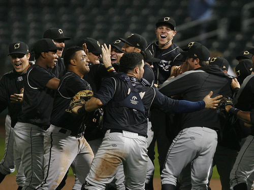 Scott Sommerdorf   |  The Salt Lake Tribune
The Omaha Storm Chasers celebrate their PCL Championship win. After a disastrous six-run eighth inning, the Bees lost game 4 of the PCL Championship Series 10-5 to the Omaha Storm Chasers, Saturday, September 14, 2013.