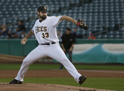 Scott Sommerdorf   |  The Salt Lake Tribune
Bees starting pitcher Matt Shoemaker pitches in the second inning. He was relieved by Jeremy Berg in the sixth. The Bees are trailing 4-2 in game 4 of the PCL Championship Series against the Omaha Storm Chasers, in the sixth inning, Saturday, September 14, 2013.