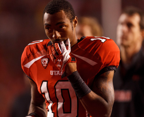 Trent Nelson  |  The Salt Lake Tribune
Utah Utes wide receiver Delshawn McClellon (10) walks off the field at halftime as the University of Utah hosts Oregon State, college football at Rice Eccles Stadium Saturday, September 14, 2013 in Salt Lake City.