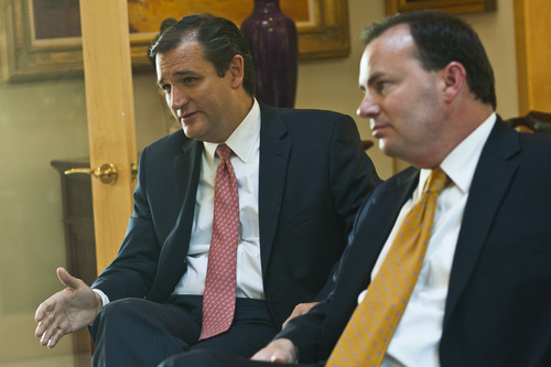 Chris Detrick  |  The Salt Lake Tribune
Senator Ted Cruz, R-Texas, and Senator Mike Lee, R-Utah, say they will fight the battle to strip funding from Obamacare to the bitter end, even if they have to buck GOP leaders. The two spoke to The Salt Lake Tribune Friday night before a fundraiser for Lee at the Salt Lake City home of former Salt Lake County Councilman Steve Harmsen.