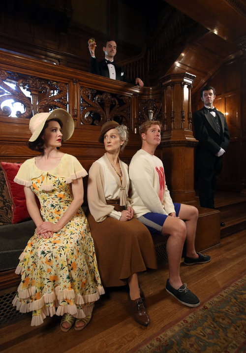 Francisco Kjolseth  |  The Salt Lake Tribune
Pioneer Theatres latest production of Something's Afoot, a musical mystery based off Agatha Christie's "And Then There Were None." The famous McCune Mansion sat it as the backdrop for the production shots with characters, clockwise from left, Laura Hall as Hope Langdon, Joseph madeiros as Nigel, Jaron Barney as Clive the butler, Will Ray as Geoffrey and Tia Speros as Miss Tweed,  spin a web of deceit and suspicion.