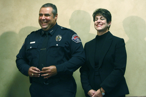 Chris Detrick  |  The Salt Lake Tribune
West Valley City Police Chief Lee Russo and his wife Susan laugh as Mayor Mike Winder talks during a press conference at West Valley City Hall Tuesday August 27, 2013. "I saw this as an opportunity that I was well-matched for," Lee Russo said at a news conference announcing his selection.