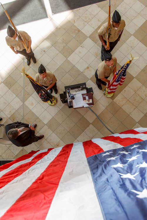 Trent Nelson  |  The Salt Lake Tribune
A color guard from West High School posts the colors at a program put on by the Utah State Courts recognizing the 226th anniversary of the signing of the U.S. Constitution on Tuesday at the Matheson Courthouse in Salt Lake City.
