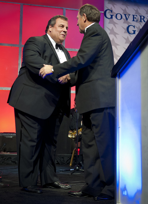 Michael Mangum  |  Special to the Tribune

Gov. Gary Herbert, right, shakes hands with keynote speaker New Jersey Gov. Chris Christie at the 2012 Governor's Gala at the Grand America hotel in Salt Lake on Saturday, September 22, 2012.
