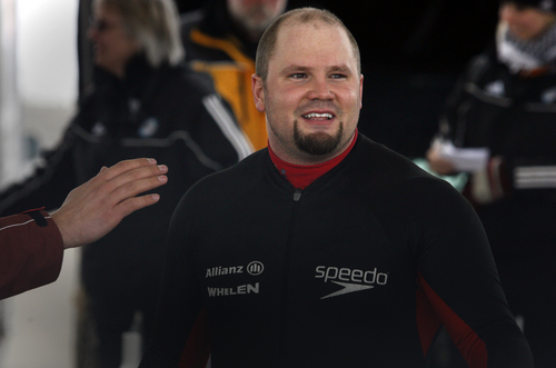Steve Holcomb is all smiles after he and his four-man bobsled team take the Gold Medal at the World Cup race at the Utah Olympic Park on Friday.

  Rick Egan/The Salt Lake Tribune