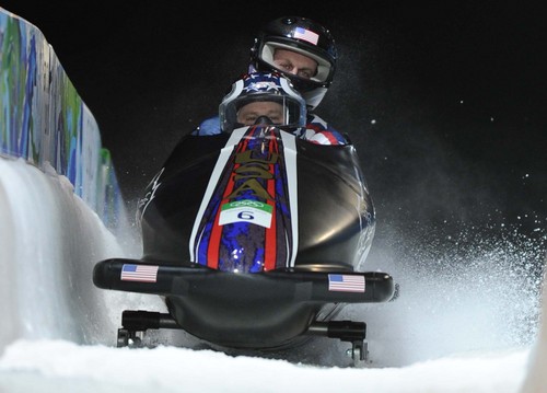 Steven Holcomb (front) and Curis Tomasevicz in the  USA 1 sled placed sixth in the two-man bobsled at the Olympic Winter Games on Sunday, Feb. 21, 2010.
Trent Nelson  /  The Salt Lake Tribune