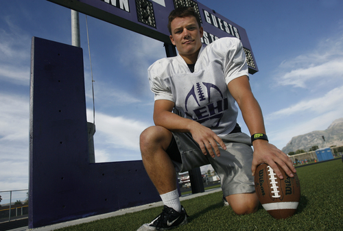 Scott Sommerdorf   |  The Salt Lake Tribune
Lehi running back Caden Calton next to the Lehi "L" after practice, Wednesday, September 18, 2013. Calton has run for almost 1,000 yards in just four games.