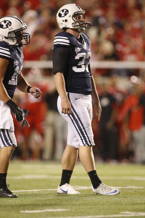 Chris Detrick  |  The Salt Lake Tribune
Brigham Young Cougars kicker Justin Sorensen (37) misses a field goal attempt during the first half of against BYU at Rice-Eccles Stadium Saturday September 15, 2012.  The score is 7-7 at halftime.
