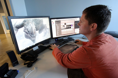 Francisco Kjolseth  |  The Salt Lake Tribune
Adam Ford, Art Director for Chair Entertainment renders a dragon for their new game "Infinity Blade 3," which was showcased during the Apple event last week.