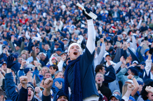 Trent Nelson  |  The Salt Lake Tribune
BYU fans erupt after a 4th-quarter, 4th and 18 pass from Brigham Young quarterback Max Hall (15) to Brigham Young wide receiver Austin Collie (9), a key play that set up the winning touchdown over Utah in 2007.