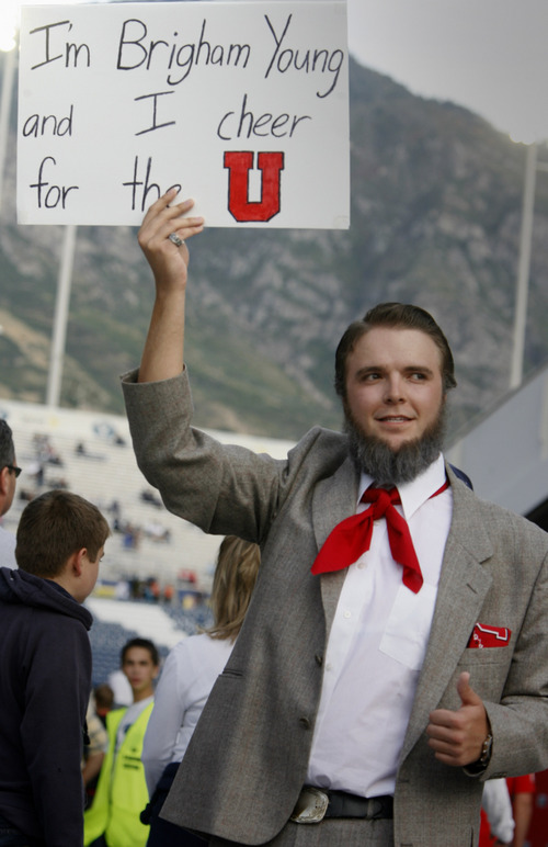 Rick Egan  | The Salt Lake Tribune 
Utah fan Christian Versteeg, Salt Lake City, dressed as Brigham Young, before the BYU, Utah football game, Saturday, September 17, 2011.