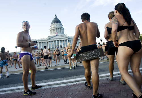Kim Raff | The Salt Lake Tribune
People gather in front of the capital building during the 5k Utah Undie Run in Salt Lake City, Utah on September 9, 2012. Thousands of people gathered in hopes of breaking last years record of 2,270 people which was the largest gathering of people wearing only underpants.