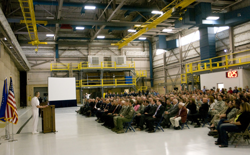 Rick Egan  | The Salt Lake Tribune 

Rear Adm. Randolph Mahr, DoD F-35 Deputy Program Director, speaks at a presentation where dignitaries and workers at Hill Air Force base got their first look at the the F-35A Joint Strike Fighter, Friday, September 20, 2013. The F-35A is a multi-variant, multi-role 5th Generation Fighter, and will undergo organic depot modification work at Hill AFB.
