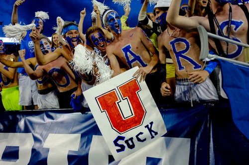 Trent Nelson  |  The Salt Lake Tribune
BYU fans cheer for a television camera pre-game as the BYU Cougars host the Utah Utes, college football Saturday, September 21, 2013 at LaVell Edwards Stadium in Provo.