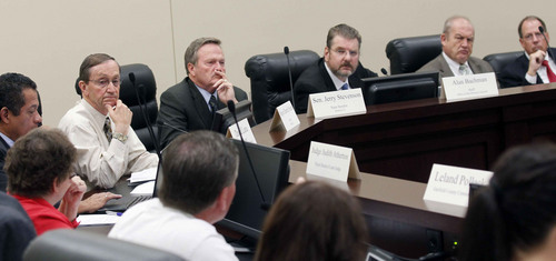 Al Hartmann  |  The Salt Lake Tribune
The Prison Relocation Authority Committee listens to comments at the state capitol on Monday from corrections officers and family members of inmates on how moving the prison from Draper to the west desert would affect them.