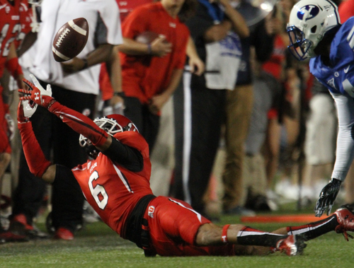 Rick Egan  | The Salt Lake Tribune 

Utah Utes wide receiver Dres Anderson (6) can't quite hang on to the ball, as BYU faced The University of Utah, at Lavell Edwards Stadium, Saturday, September 21, 2013.