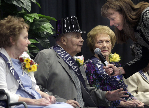 Al Hartmann  |  The Salt Lake Tribune 
Master of ceremonies Deb Burcombe, right, interviews Daniel Chavez during a question and answer interview at the Utah Healthcare  Association's 17th annual Mr. and Ms. Golden Years Pageant at the South Towne Expo Center in Sandy Tuesday September 24. It was an inner-and-outer beauty pageant for residents of Utah's long-term care facilities. Contestants ranged in age from the mid-60s to 90-plus years old