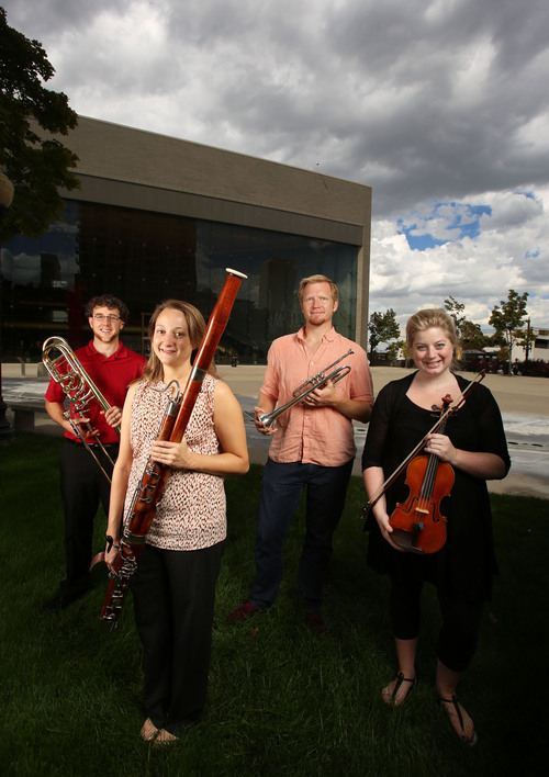 Francisco Kjolseth  |  The Salt Lake Tribune
New Utah Symphony musicians who have joined in the past year are, from left, Graeme Mutchler, bass trombone, Jennifer Rhodes, acting second bassoon, Travis Peterson, principal trumpet and Julie Wunderle, violin.