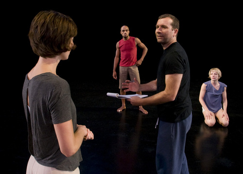 Rick Egan  | The Salt Lake Tribune 

L-R Tara Roszeen McArthur, Bashaun Williams, listen at Daniel Charon gives instruction. Charon is the new director of Ririe Woodbury works with dancers in the Black Box theater inside the Rose Wagner Center, Thursday, September 12, 2013. Alexandra Jane Bradshaw is on the far right.