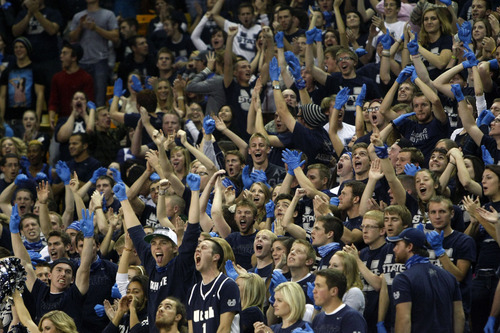 Chris Detrick  |  The Salt Lake Tribune
Utah State Aggies fans cheer during the second half of the game at Dee Glen Smith Spectrum Thursday November 15, 2012. St. Mary's won the game 67-58.