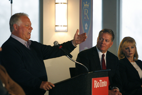 Scott Sommerdorf   |  The Salt Lake Tribune
Del Loy Hansen speaks during a press conference at Rio Tinto Stadium in which RSL majority owner Dave Checketts, right, with his wife Deb, announced that he is selling his share of the team to Hansen, Thursday, January 24, 2013.
