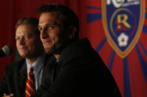 RSL owner Dave Checketts, in background, announced team captain Jason Kreis as the team's new head coach.  The announcement, held at Rice-Eccles stadium on Thursday, revealed that soccer player Kreis will retire, and take over for John Ellinger, who will be reassigned as the team's director of soccer operations. General manager Steve Pastorino tendered his resignation.   Photo by Francisco Kjolseth/The Salt Lake Tribune 05/03/2007.
